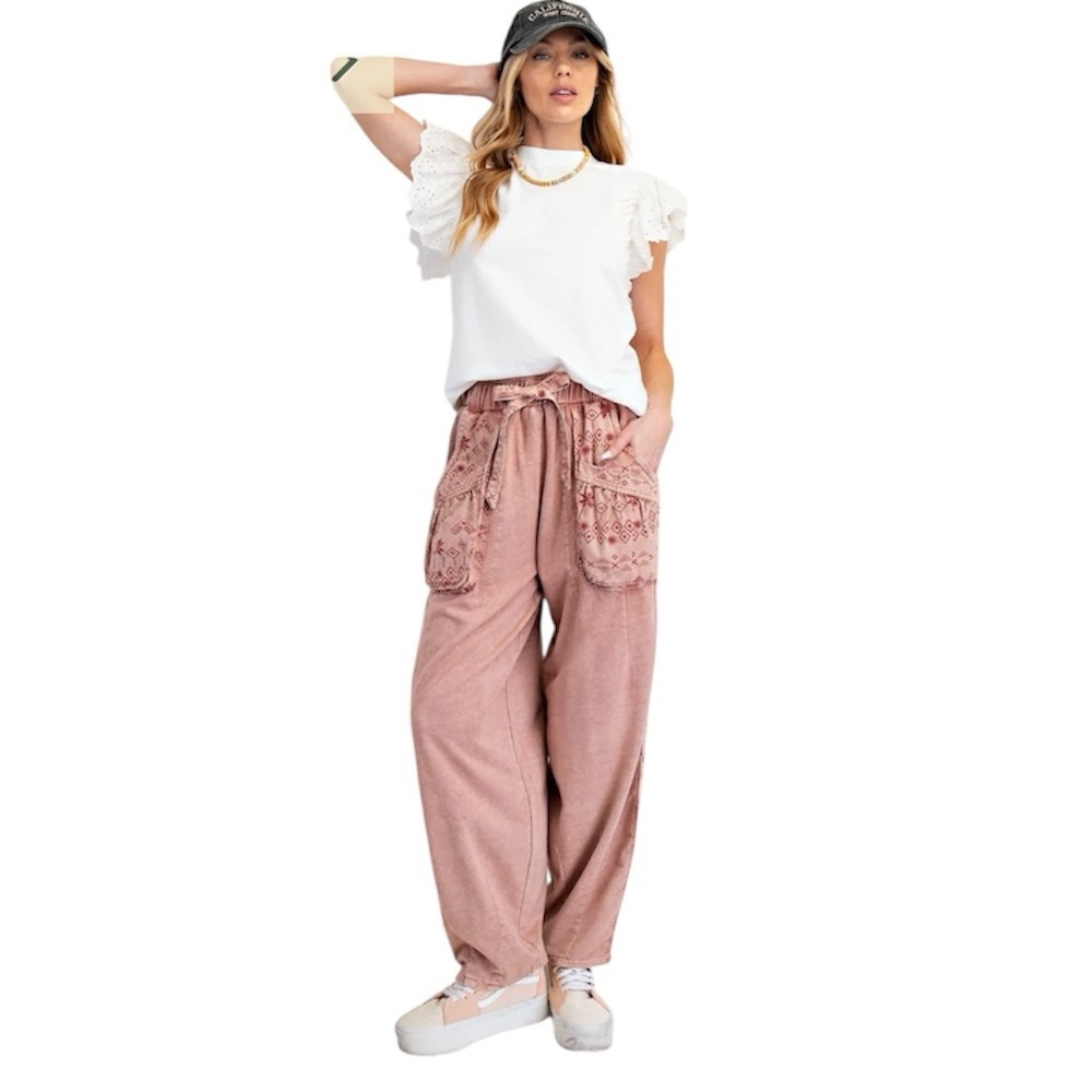 easel Dusty Rose Embroidered Track Pants - Picture 4 of 7